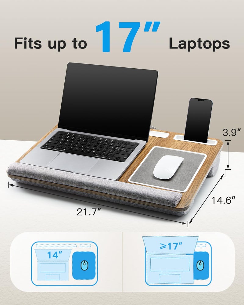 HUANUO Lap Desk - Fits up to 17 inches Laptop Desk, Built in Mouse Pad & Wrist Pad for Notebook, Laptop, Tablet, Lap Stand with Tablet, Pen & Phone Holder, Brown Woodgrain - Image 2